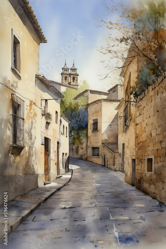 Baeza watercolor. Spain. painting of a beautiful Spanish town heritage of humanity. historic helmet. one of the most visited cities in Spain. travel. vacation. made with ai #596476624