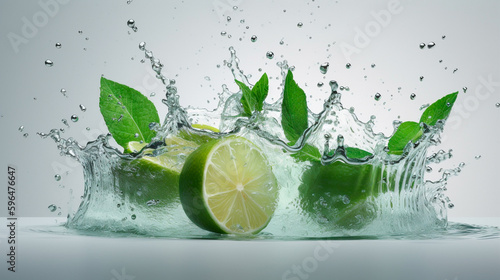 Water splash on white background with lime slices  mint leaves  and ice cubes as a concept for summertime libations. Generative AI