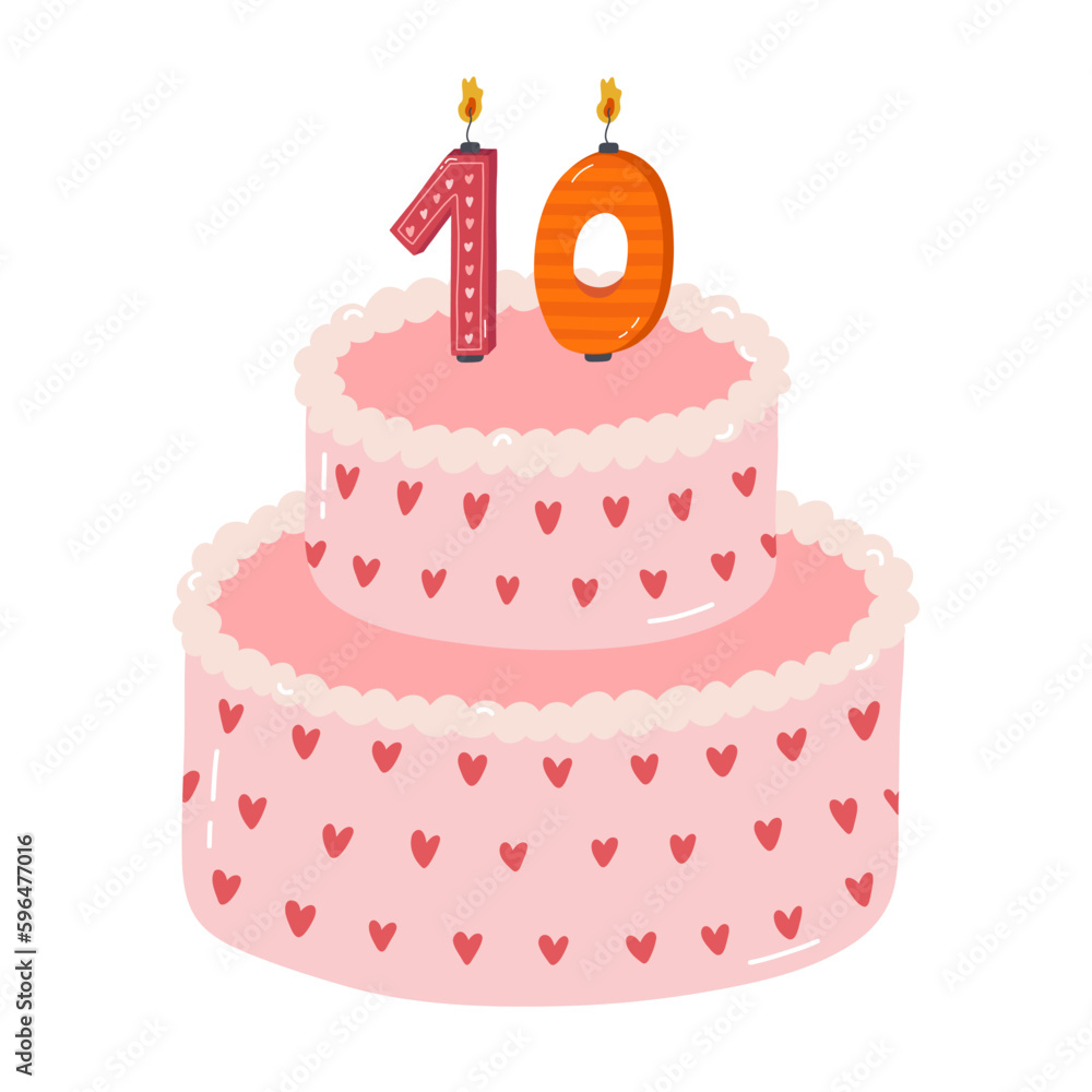 Cute birthday cake with burning candles in the form of numbers. Dessert for celebration each year of birth, anniversary. Stylized hand drawn clipart of holiday cupcake in the scandinavian style Cute birthday cake with burning candles in the form of numbers. Dessert for celebration each year of birth, anniversary. Stylized hand drawn clipart of holiday cupcake in the scandinavian style