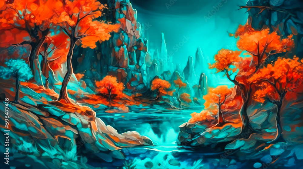 An abstract of the color paint work with trees and rocks