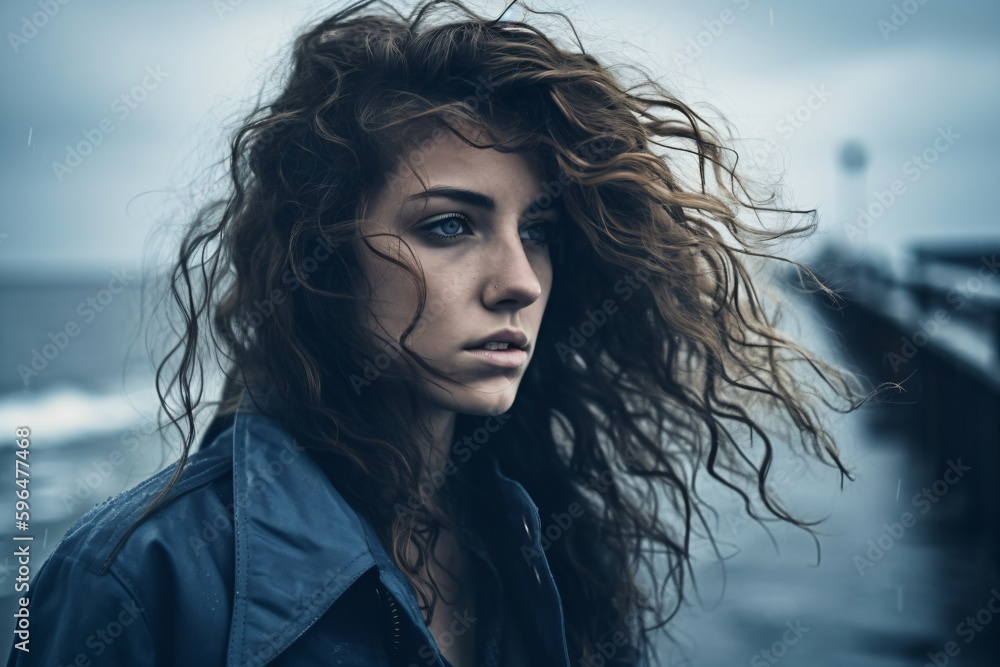 the hair of a young woman is disheveled by the wind created with Generative AI technology