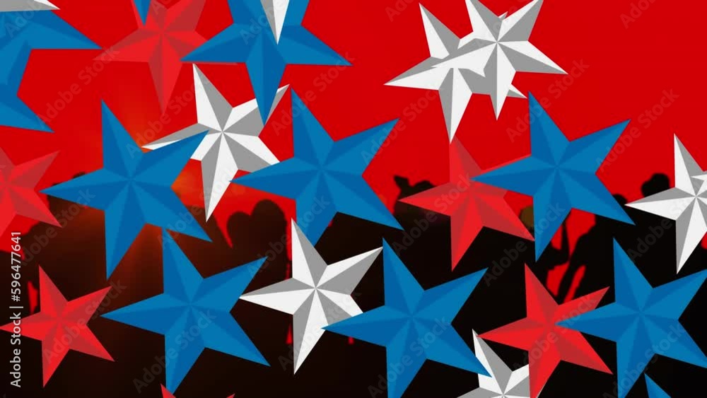 Animation of stars of united states of america over people dancing on red background Animation of stars of united states of america over people dancing on red background