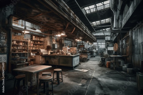 Desolate eatery in industrial area. Generative AI © Beatriz