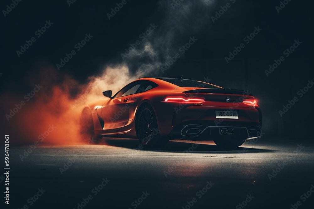 A red smoke-engulfed sports car drifts on a dark background. Supercar in motion. Generative AI