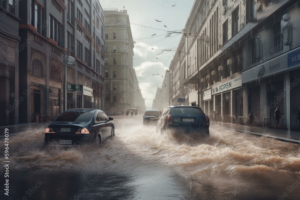 Digital painting depicts a dramatic flood in the city. Generative AI