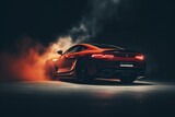 A red smoke-engulfed sports car drifts on a dark background. Supercar in motion. Generative AI