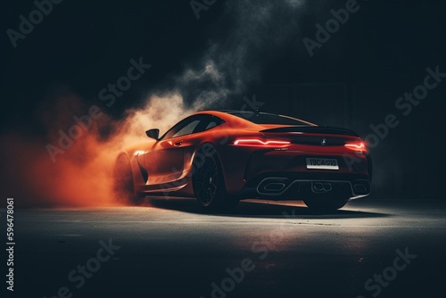 A red smoke-engulfed sports car drifts on a dark background. Supercar in motion. Generative AI © Pavel