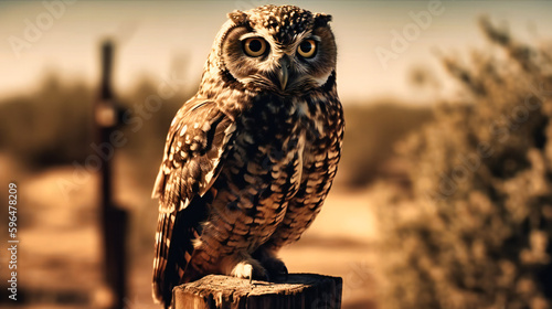 A cute owl is sitting on top of a wooden stake of a desert