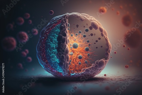  Human cell. Embryonic stem cell microscope. Components of Eukaryotic cell, nucleus and organelles and plasma membrane. Medicine, microbiology, dna, molecule. Generative AI photo