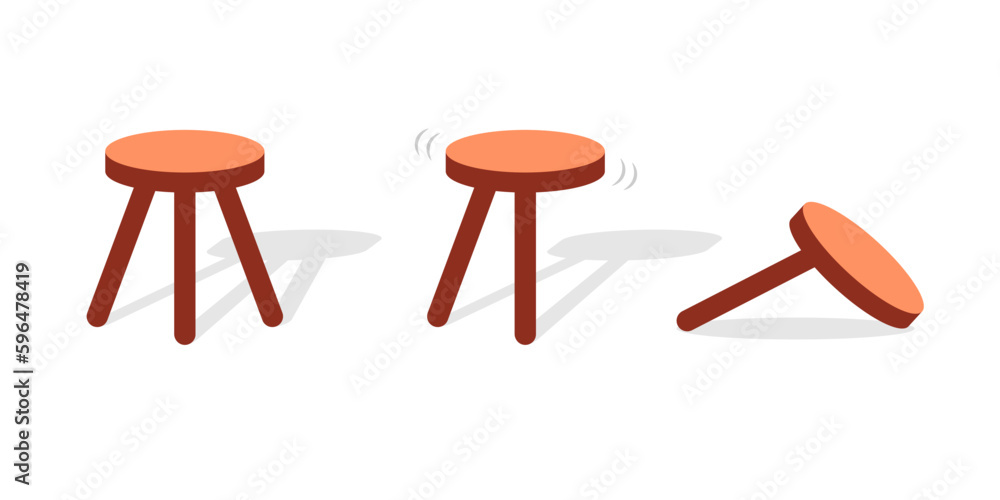 Three legged stool stable wobbly and broken icon set. Clipart image