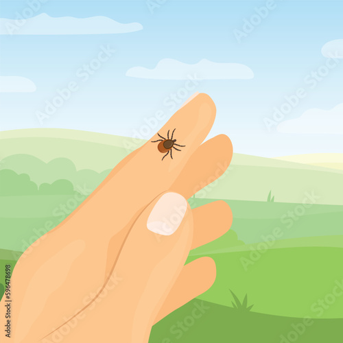 tick on the hand in the park, risk of infection of lyme and tick-borne disease- vector illustration