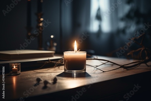 Sophisticated candle display with flickering flames on table. Generative AI