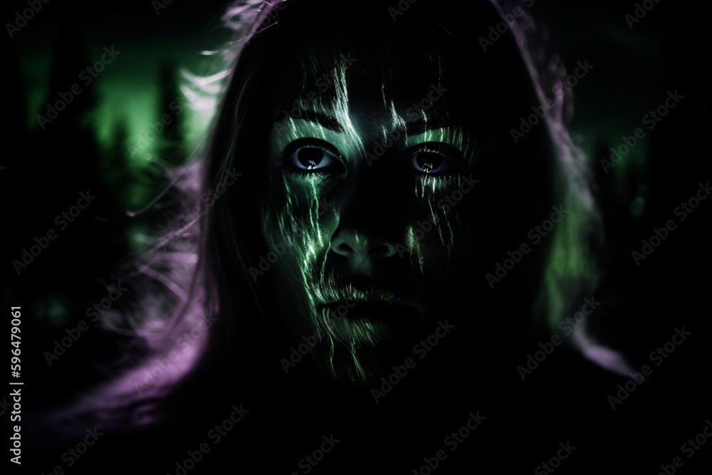 creepy illustration of woman with green glowing stripes on face created with Generative AI technology creepy illustration of woman with green glowing stripes on face created with Generative AI technology
