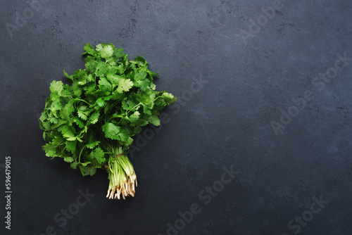 Fresh cilantro or coriander leaves in bunch. Black kitchen table background, top view