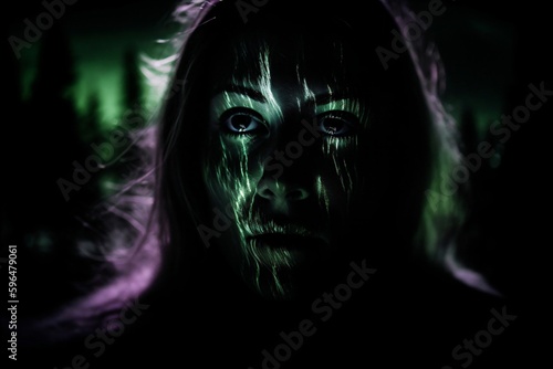 creepy illustration of woman with green glowing stripes on face created with Generative AI technology