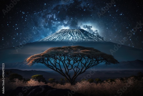 The majestic Mount Kilimanjaro at night  illuminated by the galaxy and a blanket of sparkling stars. Generated by AI