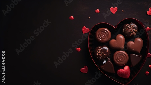 Box of Chocolates Heart Shaped, Handmade Candies, Pralines Truffle, Easter and Valentine's Day Greetings background with copy space