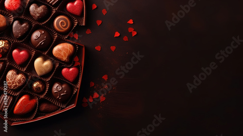 Box of Chocolates Heart Shaped, Handmade Candies, Pralines Truffle, Easter and Valentine's Day Greetings background with copy space