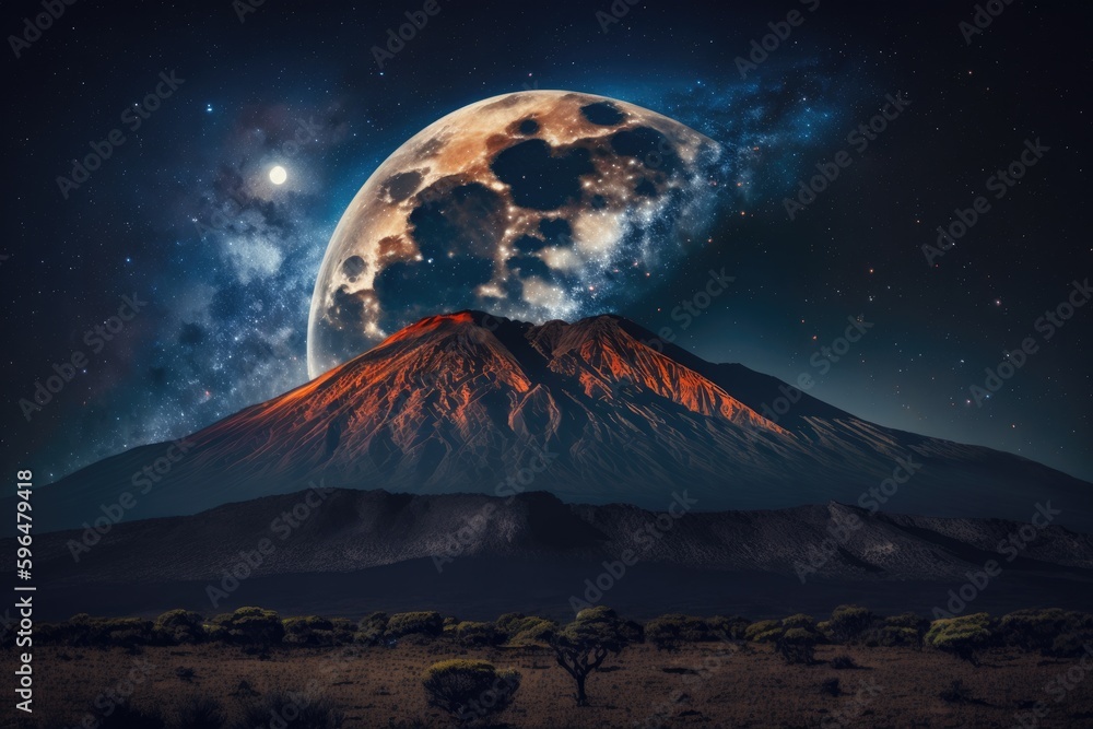 The majestic Mount Kilimanjaro at night, illuminated by the galaxy and a blanket of sparkling stars. Generated by AI
