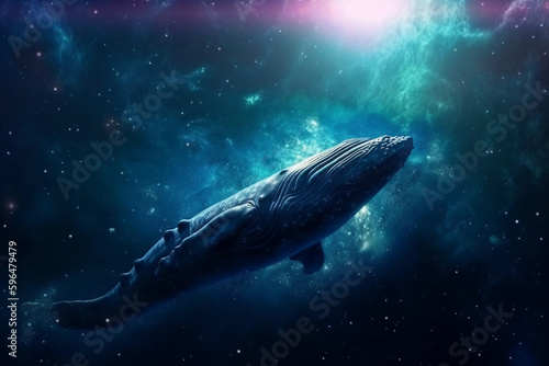 a whale floats through space around a colorful nebula, generative AI © Vincent