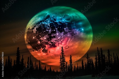 a big colorful full moon over a coniferous forest created with Generative AI technology