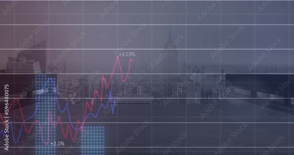 Animation of financial data processing over cityscape Animation of financial data processing over cityscape