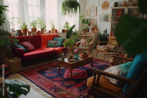 cozy living room with an abundance of plants and stylish furniture. Generative AI