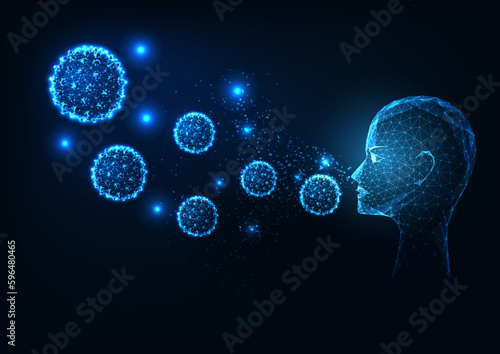 Concept of pollen allergy with person inhaling pollen particles in futuristic glowing low poly style