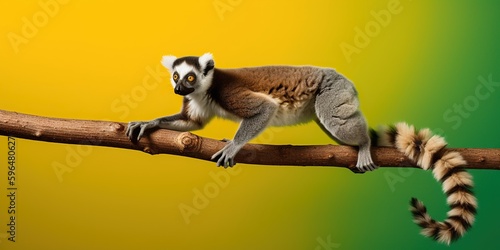 lemur forming living bridge between two branches, set against vibrant, solid-color backdrop, showcasing its agility and balance, concept of Animal adaptation, created with Generative AI technology