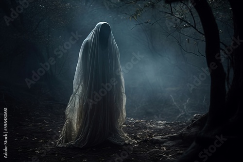 a creepy ghost in white cloths in the forest created with Generative AI technology