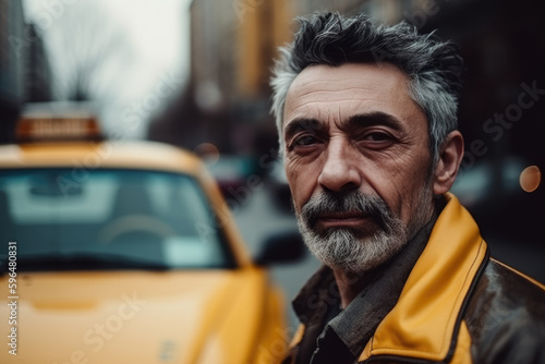 Valokuva portrait of a taxi driver on the background of a taxi, Generative Ai