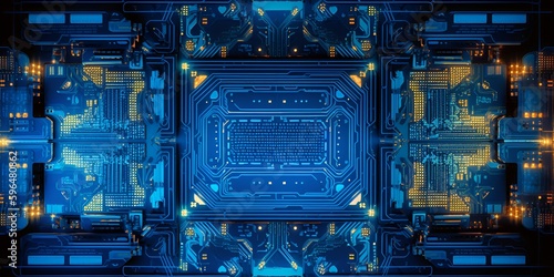 A futuristic and innovative display of technology, showcasing a microprocessor CPU with intricate details and advanced design, surrounded by vibrant blue neon lights.