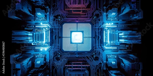 Advanced and futuristic technology integrated into the cityscape, with a microprocessor CPU as the centerpiece illuminated by vibrant blue neon lights. 