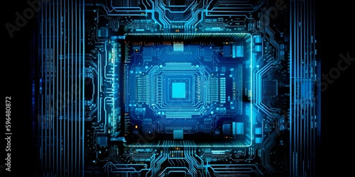 An abstract and intricate view of a microprocessor CPU, illuminated by pulsating blue neon lights for an energetic and futuristic atmosphere. 