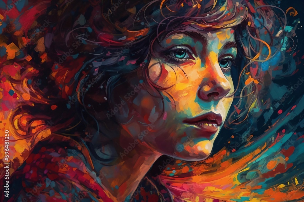 colorful abstract illustration of woman face, she has blue eyes created with Generative AI technology colorful abstract illustration of woman face, she has blue eyes created with Generative AI technology