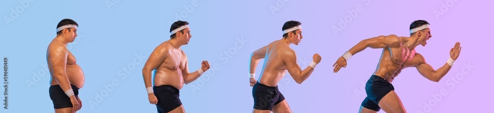 Run. Before and After Weight Loss fitness Transformation. Never give up. Fat man jogging to slim shape. Guy running to lose weight and become a athlete. Fat to fit concept