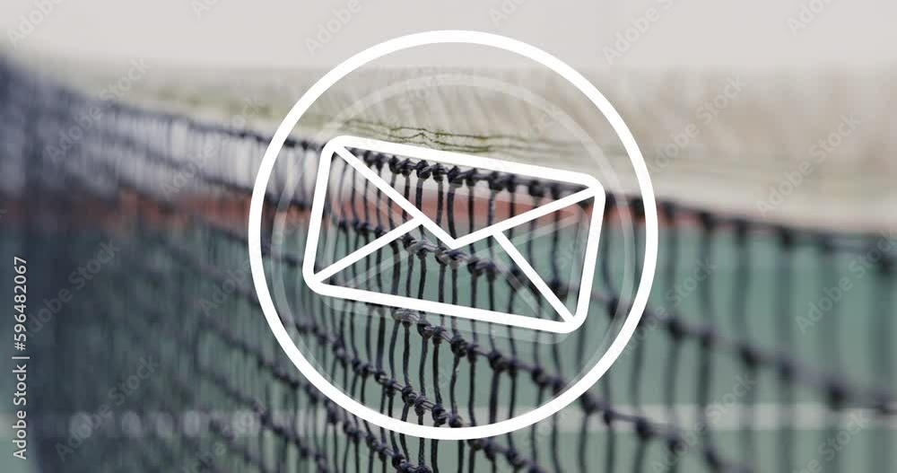 Animation of envelope icon over net at tennis court Animation of envelope icon over net at tennis court