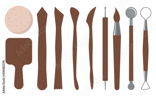 Set of modern pottery tools. Collection of wooden tools for clay sculpture making . Art studio equipment. Craft hobby elements. Vector illustration in flat style isolated background