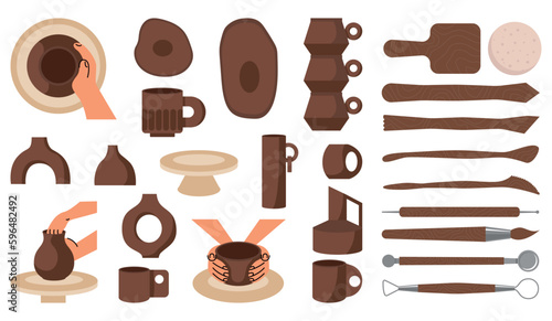 Modern collection ceramic vases and cups, mug with abstract decore. Minimalist antique ceramic pottery, clay studio, workshop, class, tools set. Vector flat illustration isolated on background