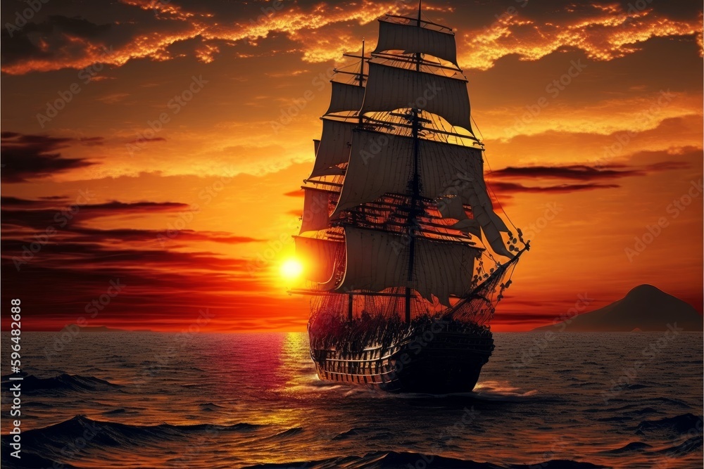 A sailing ship at sunset