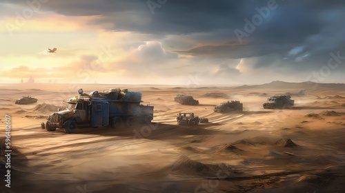 Fényképezés Illustrate a group of scavengers driving their heavily modified vehicles through a treacherous desert landscape, searching for precious resources