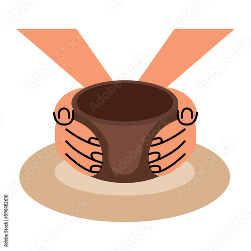 Pottery studio, workshop, class. A potter hands sculpts a clay pot on a potter's wheel. Vector illustration set isolated on white background