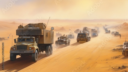 dangerous convoy of heavily armored trucks, each with its own Fury Road car escort, racing through the desert to deliver vital supplies to a nearby settlement. photo