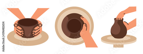 Pottery studio, workshop, class. A potter hands sculpts a clay pot on a potter's wheel. Vector illustration set isolated on white background