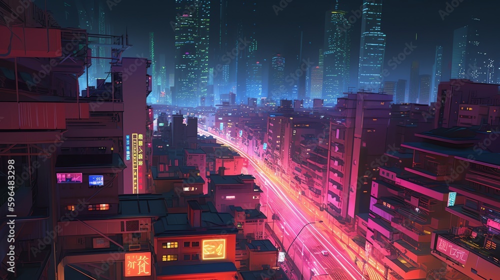In this cyberpunk version of Tokyo, the traditional architecture is melded with futuristic technology, resulting in a cityscape that is both familiar and otherworldly.