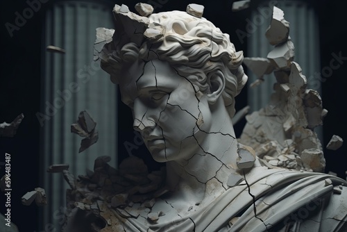 Broken ancient greek statue head falling in pieces. Generative AI 