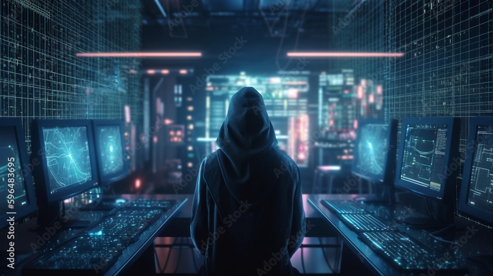 Hooded computer hacker in cybersecurity vulnerability Log4J on server room background. Generative AI. Hooded computer hacker in cybersecurity vulnerability Log4J on server room background. Generative AI.