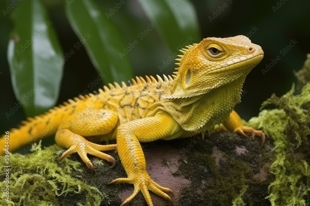 Obraz premium Close-Up View of a Lizard Perched on a Tree Branch. Generative AI