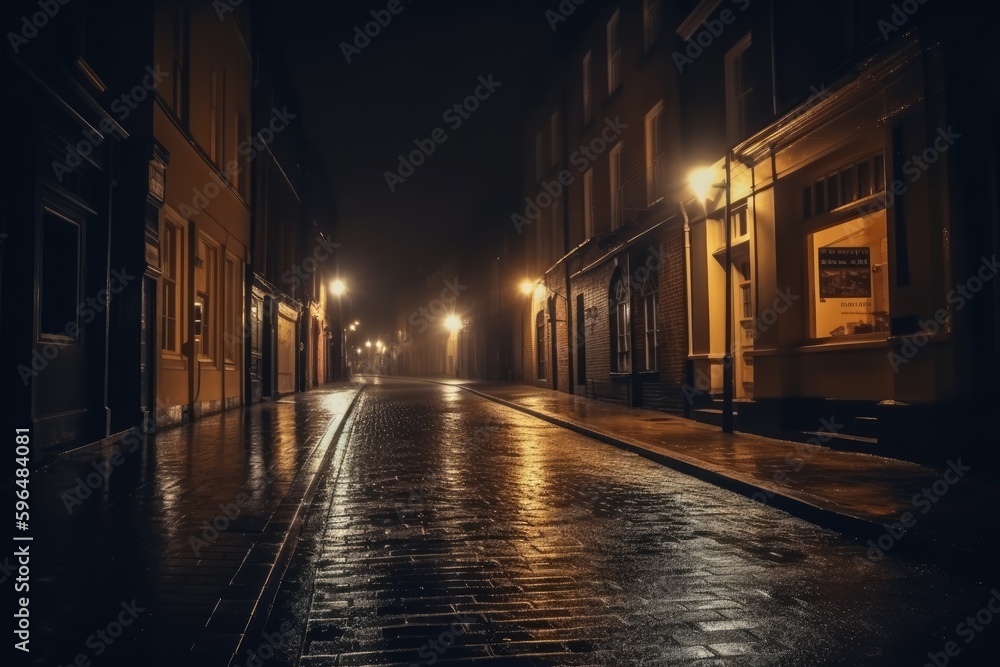 rainy city street at night with reflections on the pavement. Generative AI