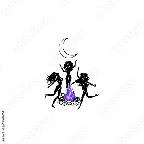 a witch dance. Female wicca witches dancing around fire. vector